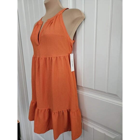 Calvin Klein Crepe Halter V Neck Tie Back Tiered Orange Tropical Dress Sz 8 NWT - Picture 3 of 8